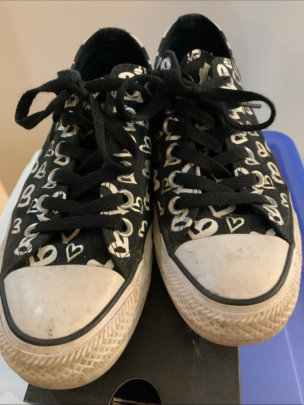 Converse Black Canvas Low-Top Sneakers with White Heart Print